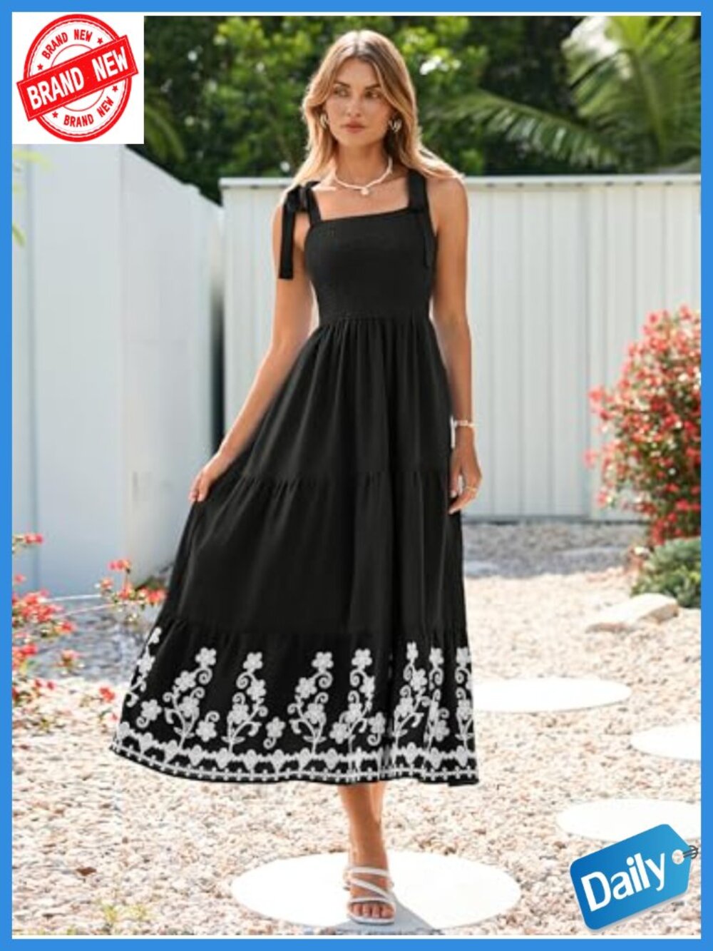 Smocked Spaghetti Strap Embroidery Maxi Dress with Pockets - Picture 3 of 6